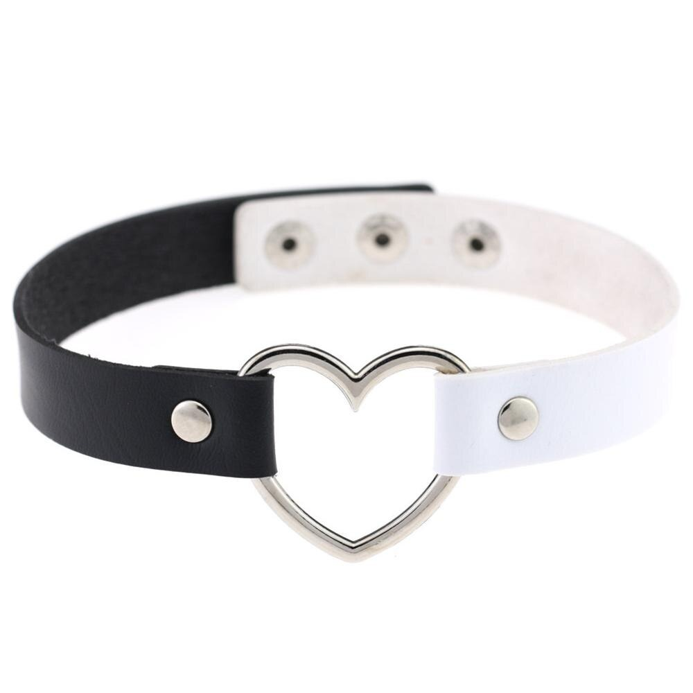 Gothic PU leather choker necklace with heart design in black and white, perfect for punk style outfits.