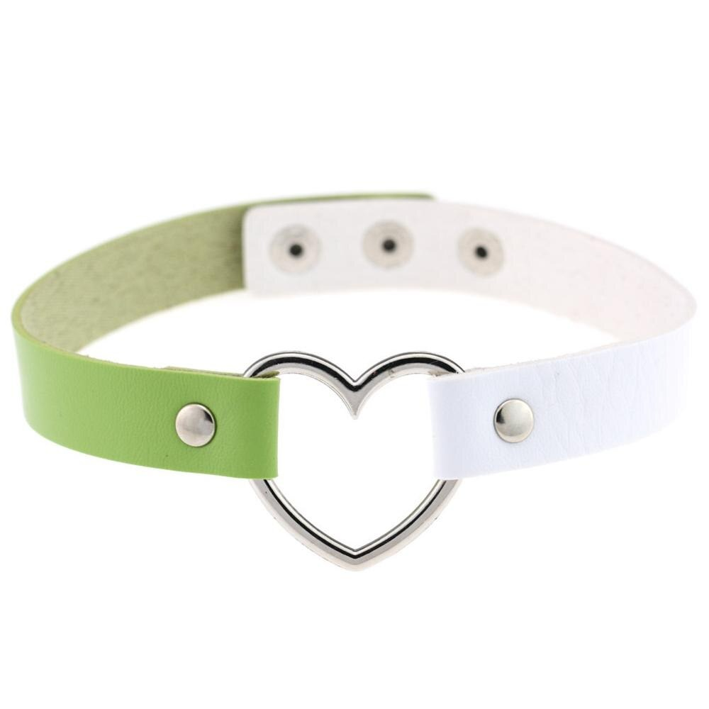 Gothic PU leather choker necklace in green and white with heart design, perfect for punk style outfits.