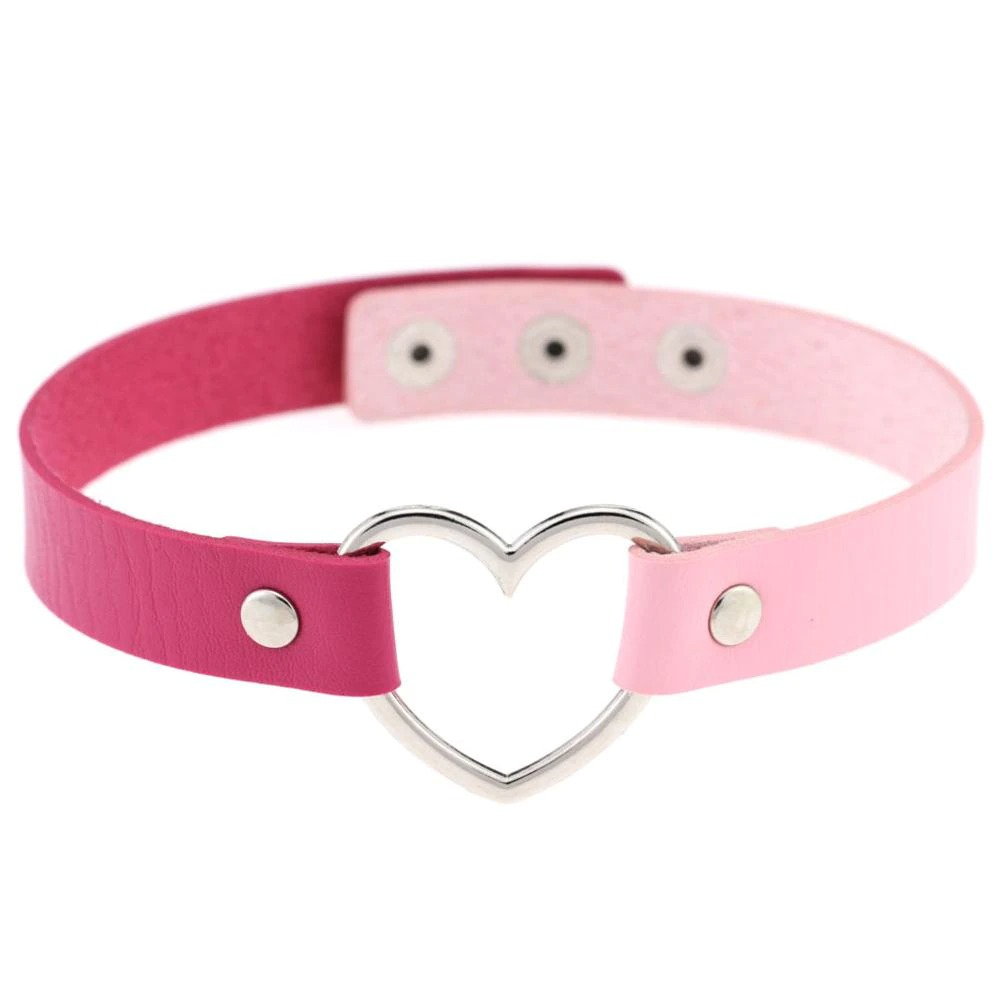 Gothic PU leather choker necklace for women in pink and purple with heart design, perfect for punk style outfits.