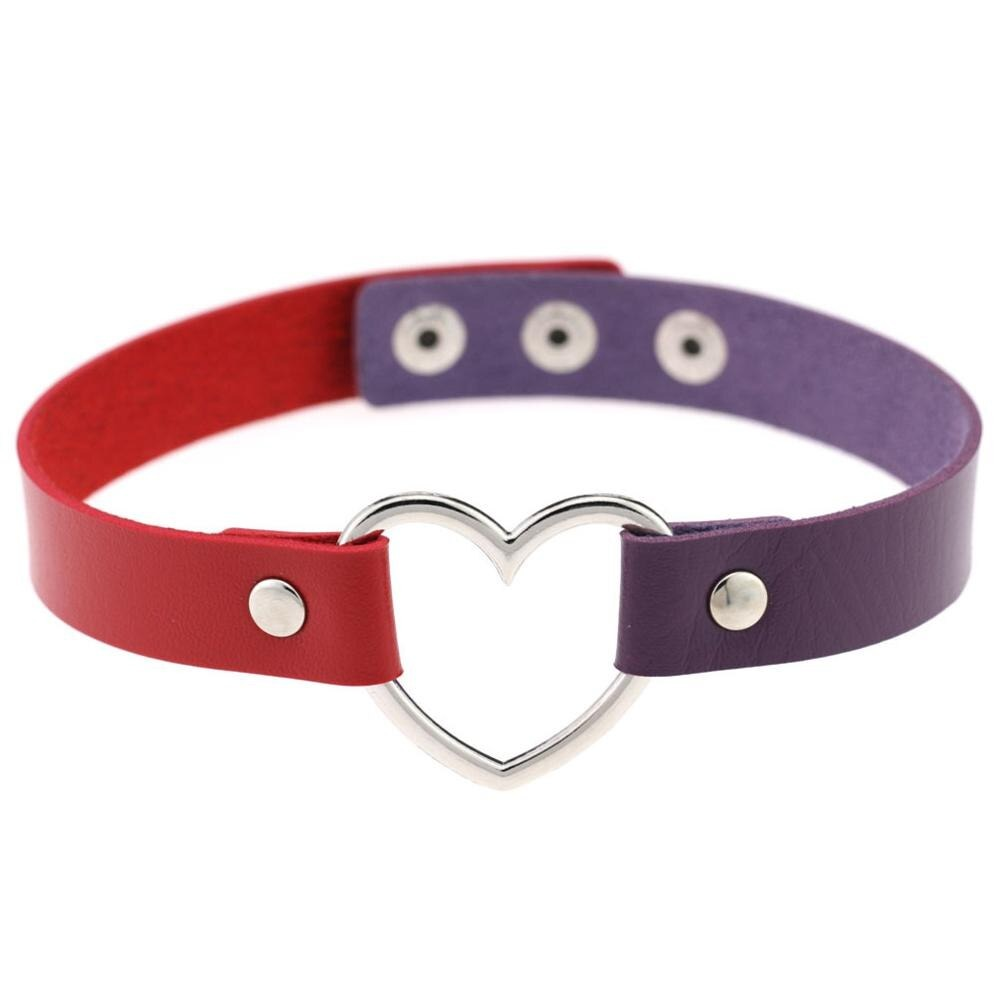 Gothic PU leather choker necklace for women with heart detail in red and purple, perfect for punk style outfits.