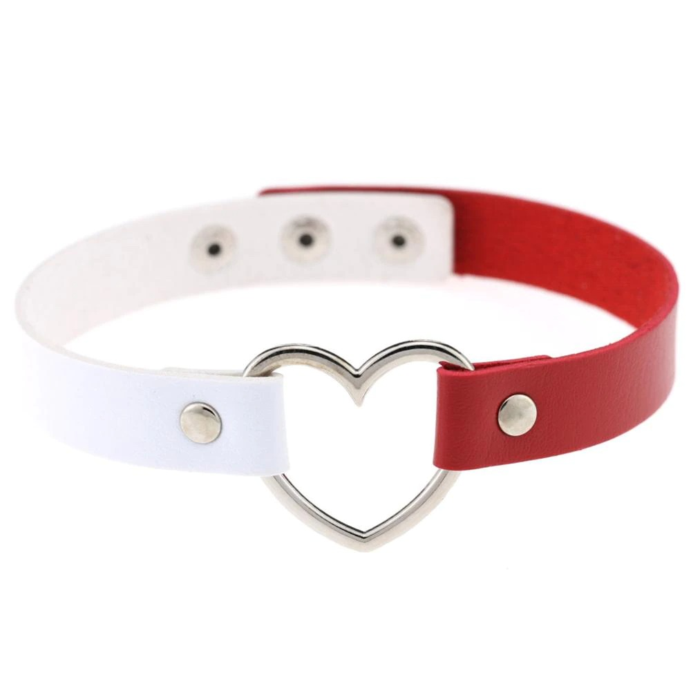 Gothic PU leather choker necklace in red and white with heart design for women, perfect for punk style outfits.