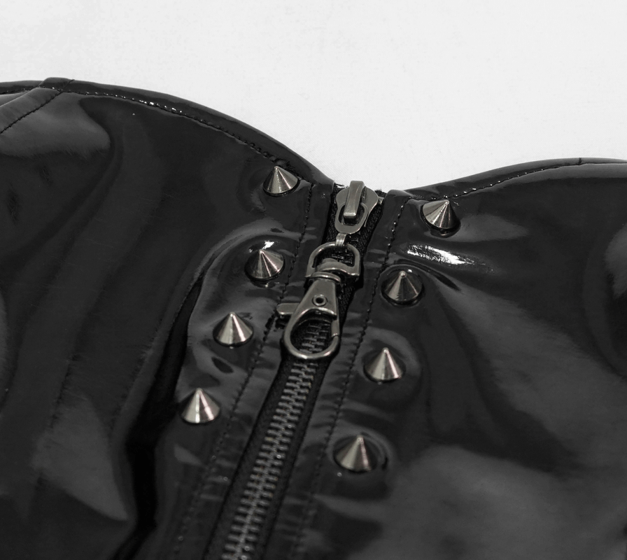 Gothic PU Leather Halter Top With Adjustable Straps / Zipper Vinil Crop Top with Spiked Rivets - HARD'N'HEAVY
