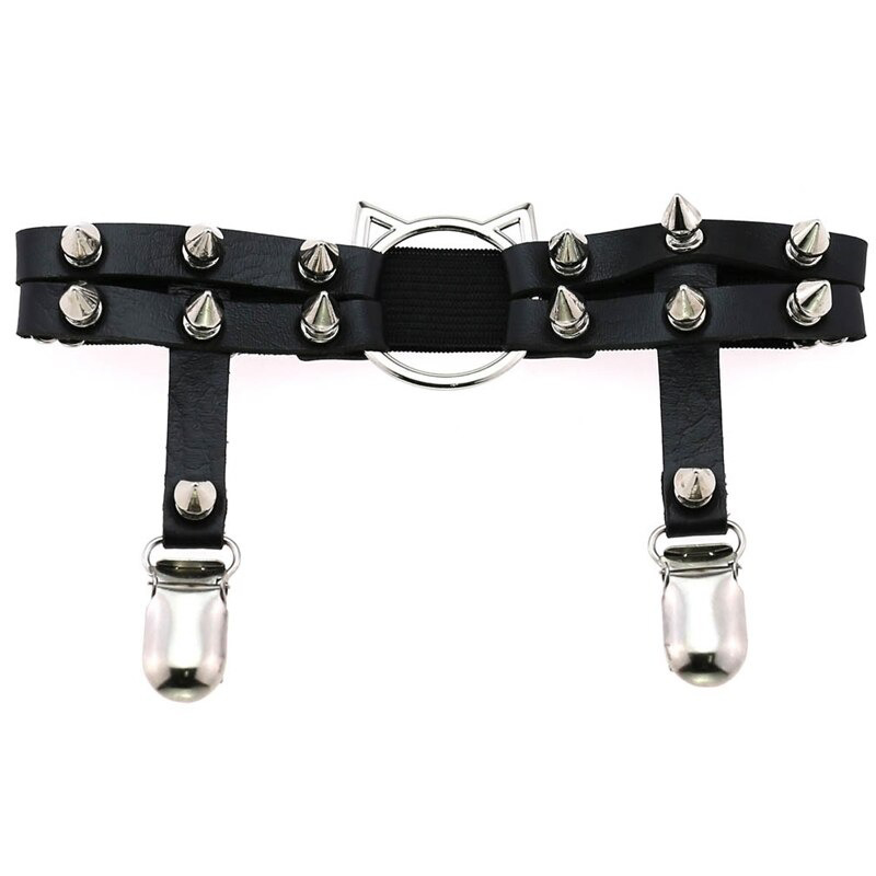Gothic PU leather leg garter with cat head design and silver spikes, stylish women's body harness accessory.