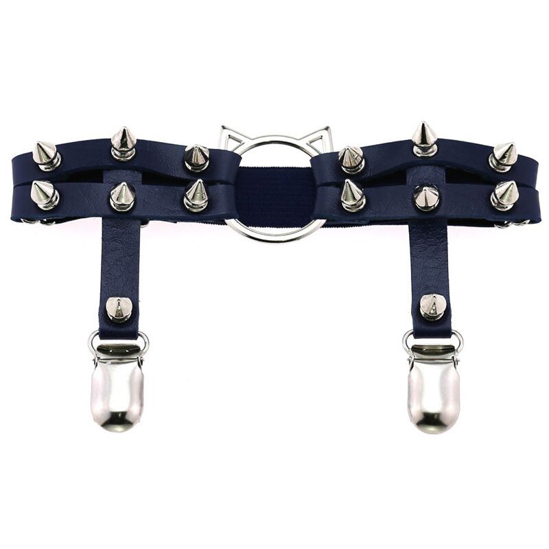 Gothic PU leather leg garter belt with cat head, silver spikes, and metallic accents for a bold women's accessory.