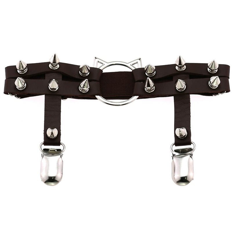 Gothic PU leather leg garter belt with cat head, spikes, and silver accents for a bold women's accessory.