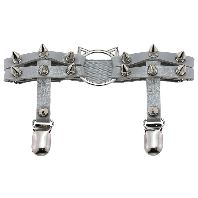 Gothic PU leather leg garter with cat head design and silver spikes, perfect for stylish women's accessories.