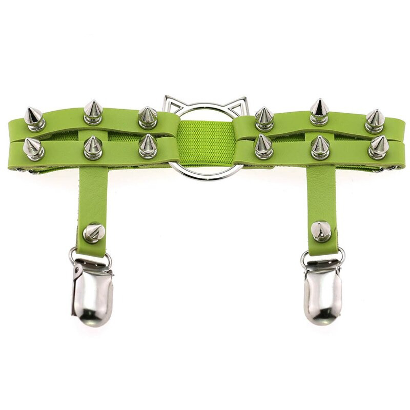 Gothic PU leather leg garter in vibrant green with spikes and cat head design for edgy women's fashion accessories.