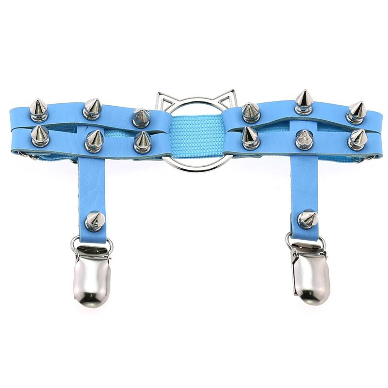 Gothic style blue PU leather leg garter with cat head design and silver spikes, perfect women's accessory.
