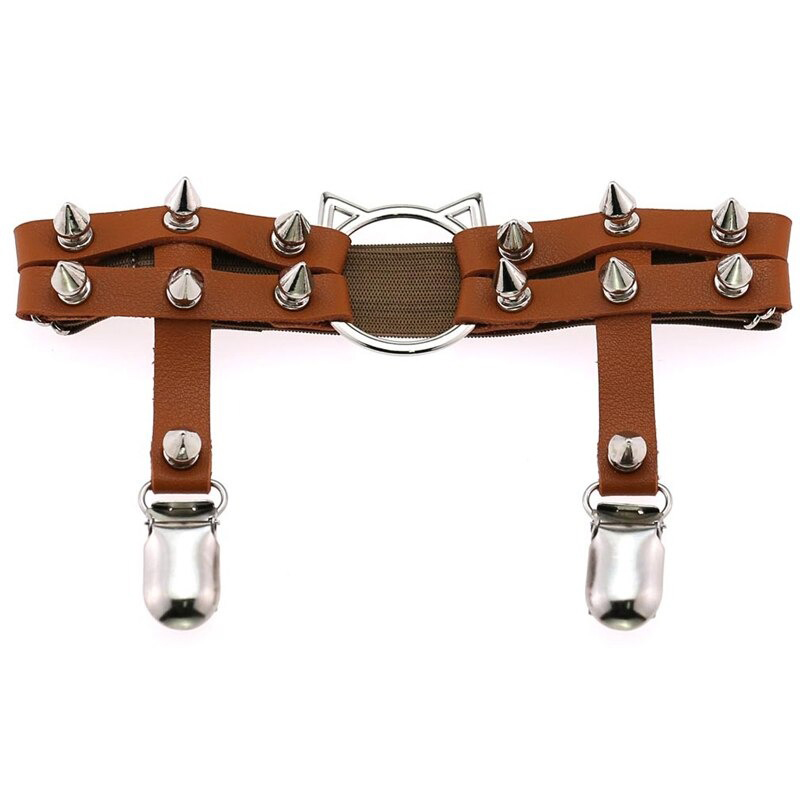 Gothic PU leather leg garter belt with cat head and silver spikes, stylish women's body harness accessory.