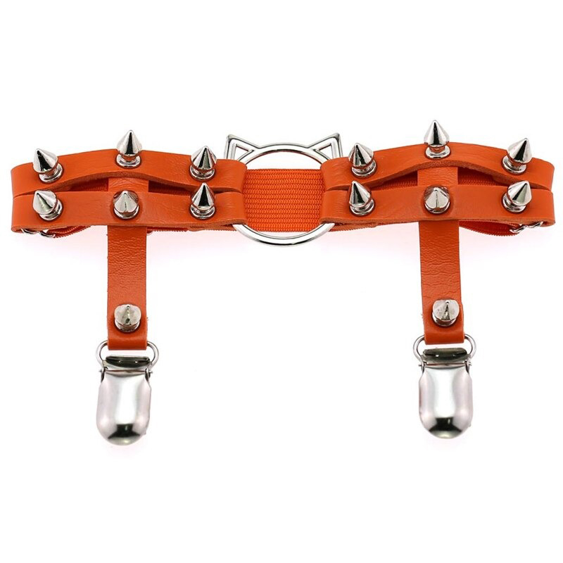 Gothic PU leather leg garter belt with spikes and cat head in vibrant orange, stylish women's accessory.