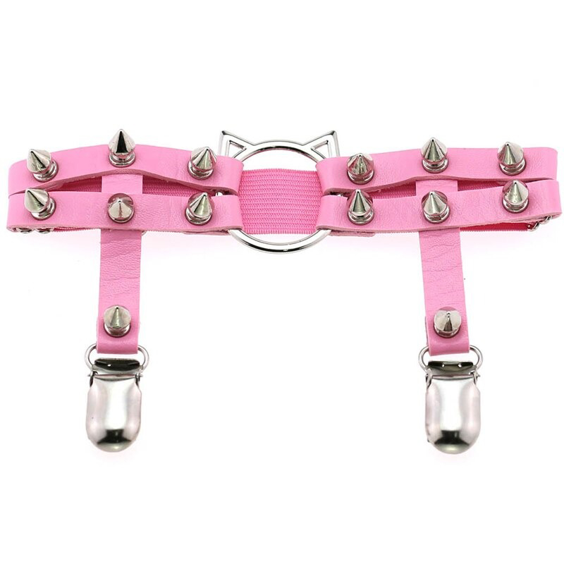 Gothic PU leather leg garter in pink with cat head and silver spikes for women's edgy fashion.
