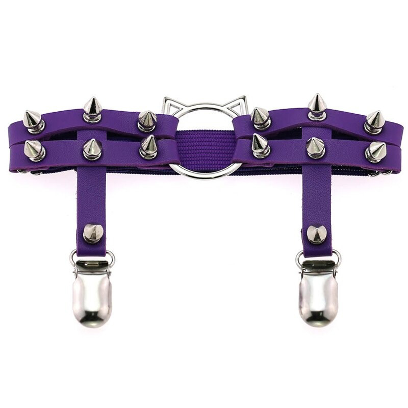 Gothic PU leather leg garter in purple with cat head, spikes, and metallic accents, a stylish women's accessory.