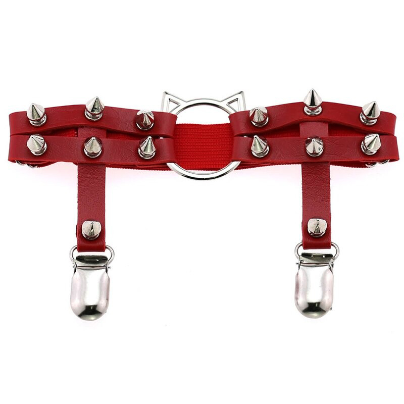 Gothic PU leather leg garter in red with spikes and cat head design, perfect sexy accessory for women.