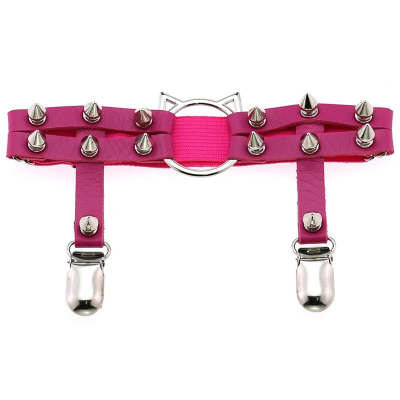 Gothic pink PU leather leg garter with cat head, spikes, and silver accents for edgy women's fashion.