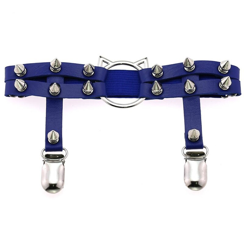 Gothic PU leather leg garter with cat head and silver spikes in blue color, perfect for edgy women's fashion.