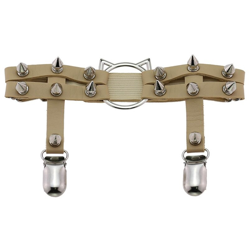 Gothic PU leather leg garter with cat head design and spikes, a stylish women's accessory for edgy fashion.