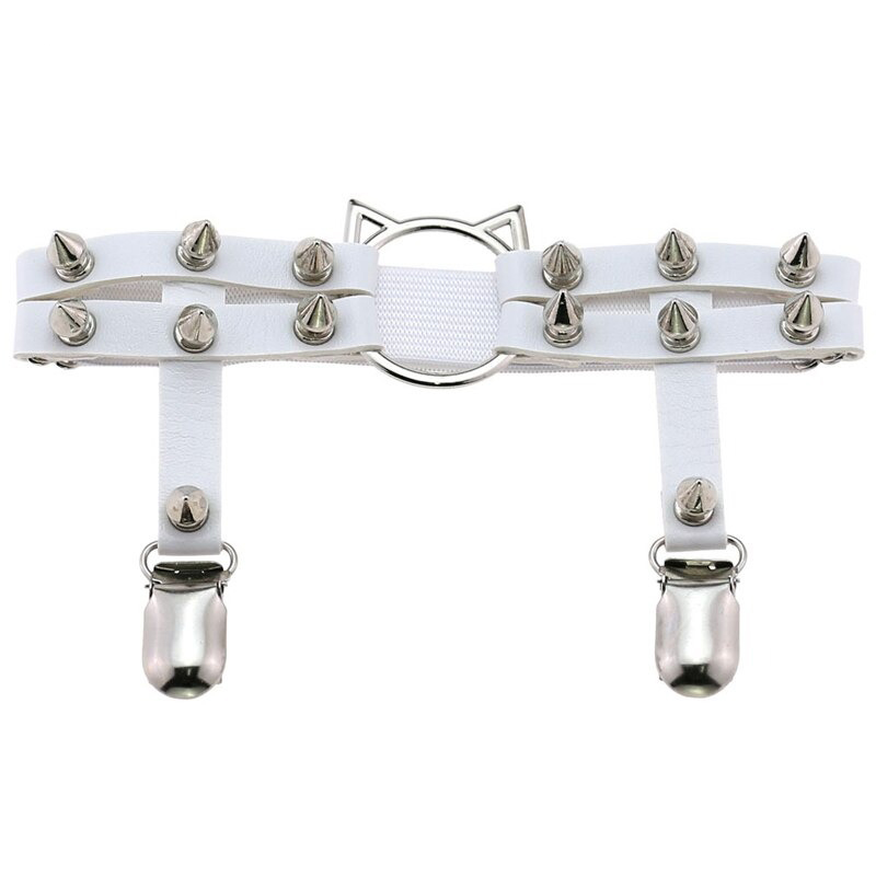 Gothic white PU leather leg garter belt with cat head and silver spikes, perfect for bold women's accessories.