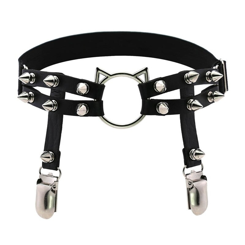 Gothic PU Leather Leg Garter with Cat Head & Spikes / Body Harness Women's Accessories - HARD'N'HEAVY