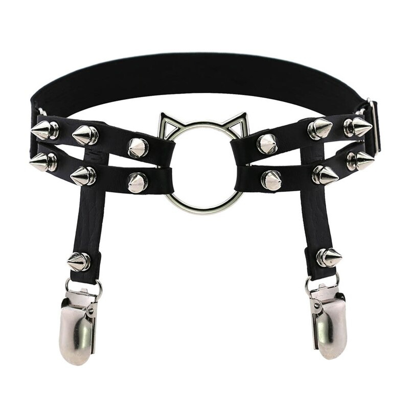 Gothic PU leather leg garter with cat head and spikes, perfect women's accessory for a stylish look.