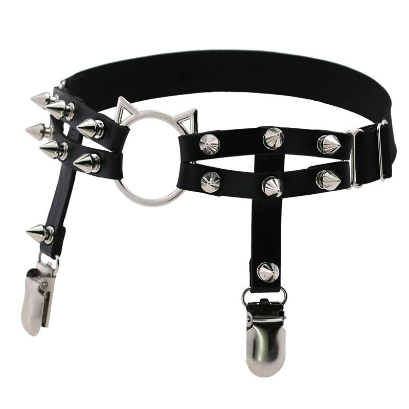 Gothic PU Leather Leg Garter with Cat Head & Spikes / Body Harness Women's Accessories - HARD'N'HEAVY