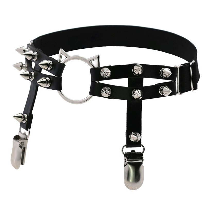 Gothic PU leather leg garter with cat head and spikes, stylish women's body harness accessory.