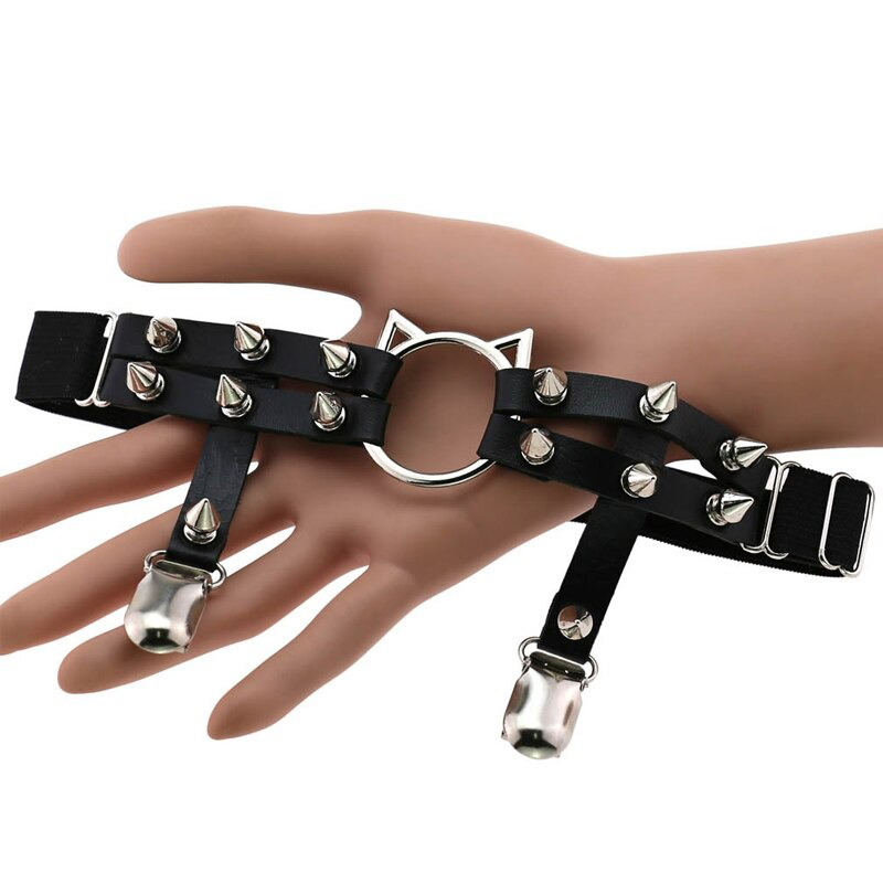 Gothic PU leather leg garter with cat head and spikes, stylish women's body harness accessory.