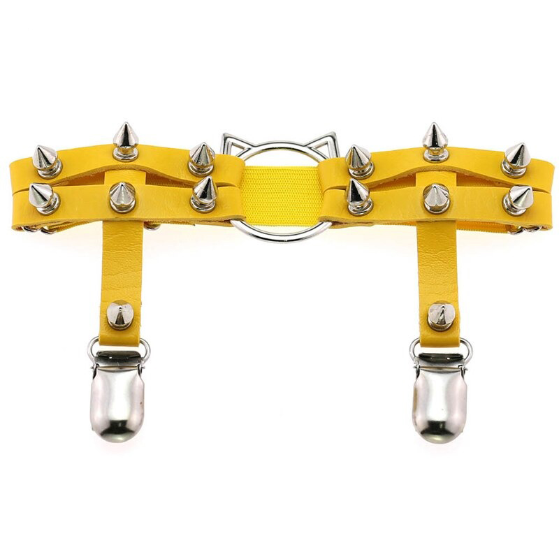 Gothic yellow PU leather leg garter with cat head and spikes for stylish women's accessories.