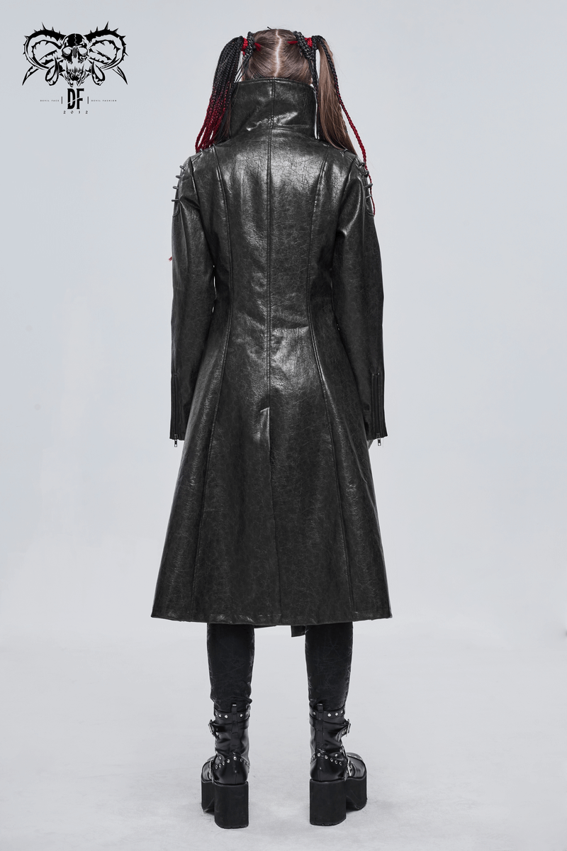Gothic PU Leather Long Coat with Rope on Shoulders / Women's Stand Collar Coat with Zipper on Cuffs - HARD'N'HEAVY