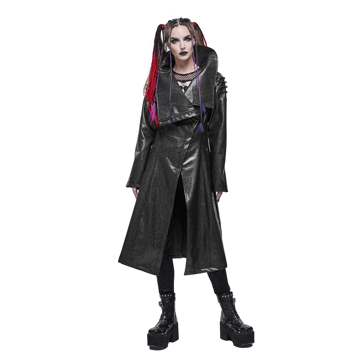Gothic PU Leather Long Coat with Rope on Shoulders / Women's Stand Collar Coat with Zipper on Cuffs - HARD'N'HEAVY