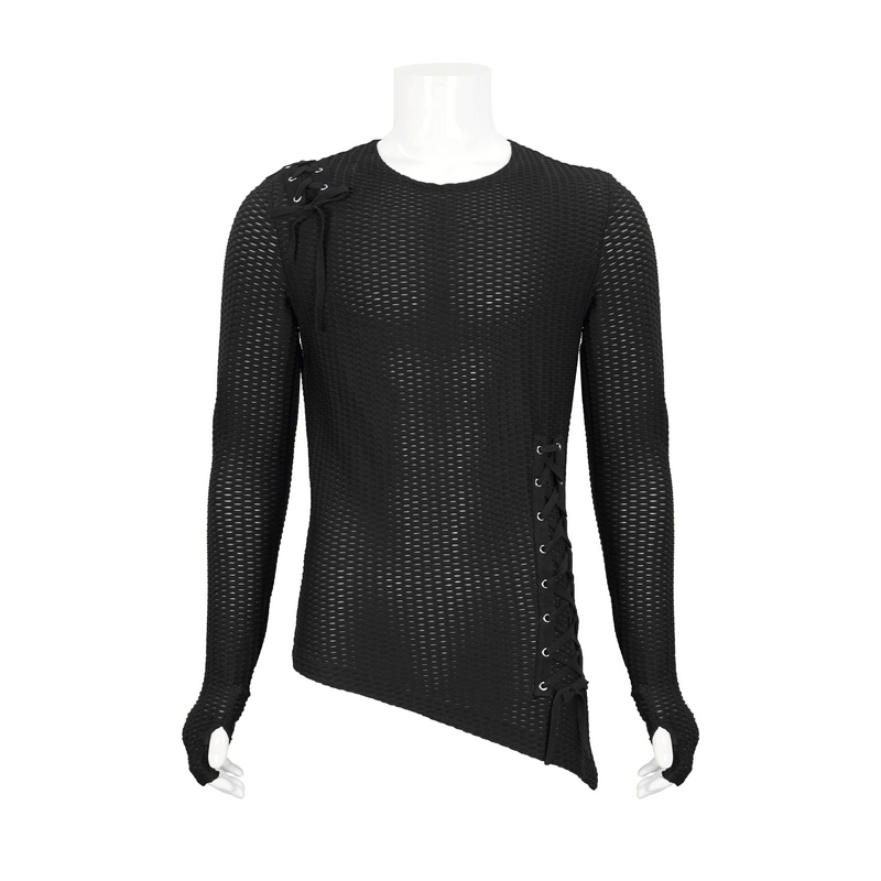 Men's gothic punk asymmetric black sweatshirt with lace-up detail and mesh long sleeves.