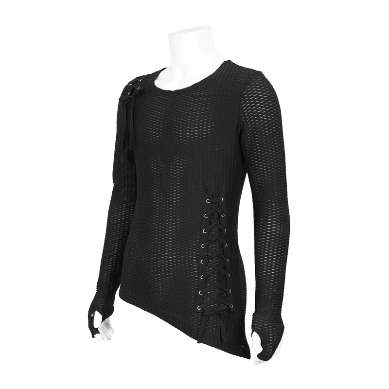 Men's gothic punk black mesh long sleeve sweatshirt with lace-up detail for stylish edgy fashion.