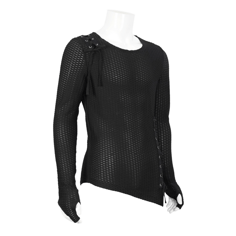 Men's gothic punk asymmetric black sweatshirt with lace-up detail and long sleeves, perfect for stylish punk fashion.