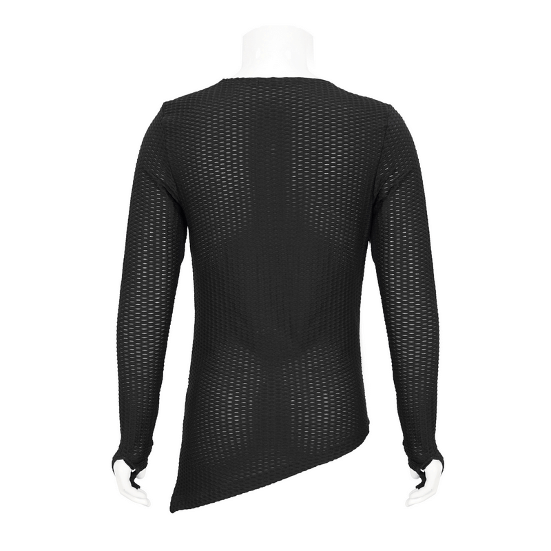 Back view of a men's Gothic punk asymmetric black sweatshirt with lace-up design and mesh fabric.