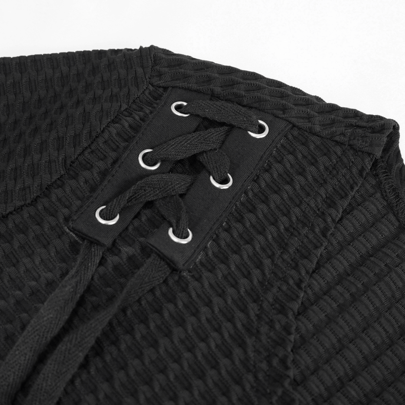 Close-up of black gothic punk sweatshirt lace-up detail, showcasing stylish mesh accents and quality fabric.