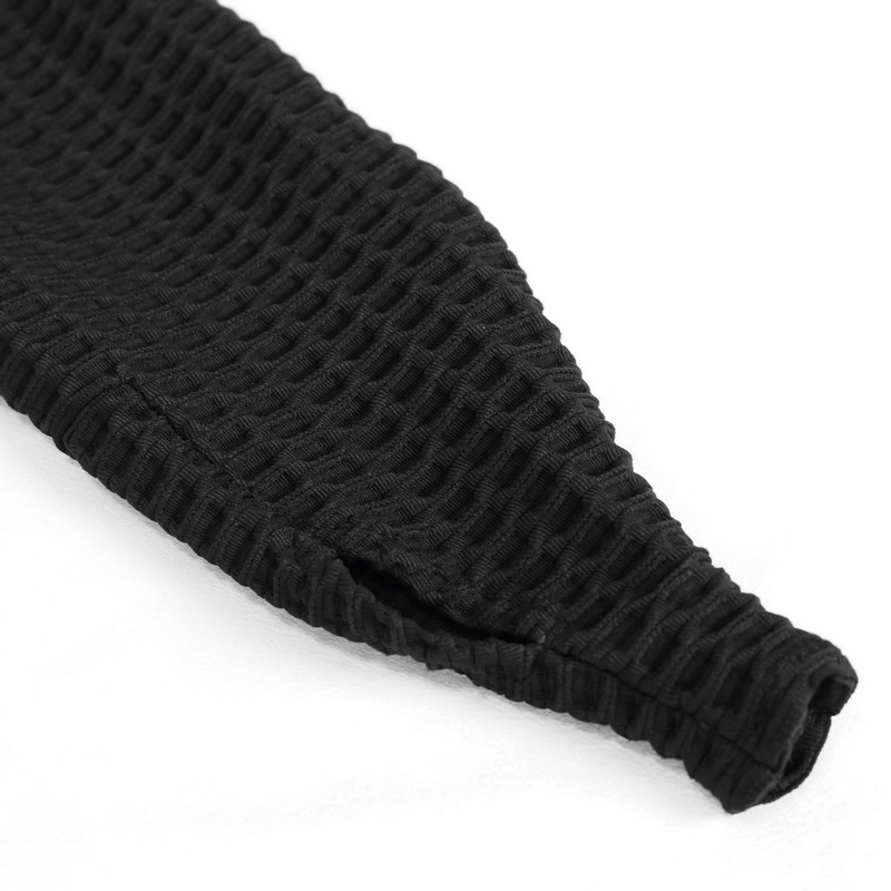 Close-up of the textured sleeve of a gothic punk men's black sweatshirt with unique mesh pattern.
