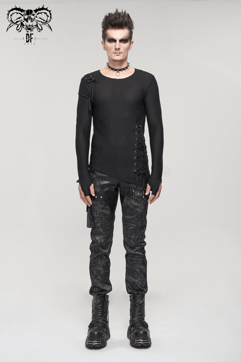 Gothic Punk Asymmetric Sweatshirt with Lace Up / Male Mesh Long Sleeve Black Top - HARD'N'HEAVY