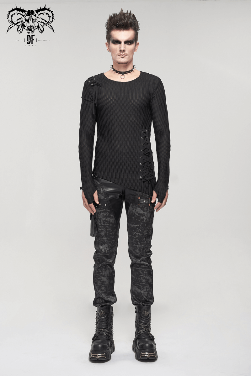 Male model wearing a black gothic punk asymmetric sweatshirt with lace-up accents, showcasing edgy fashion style.