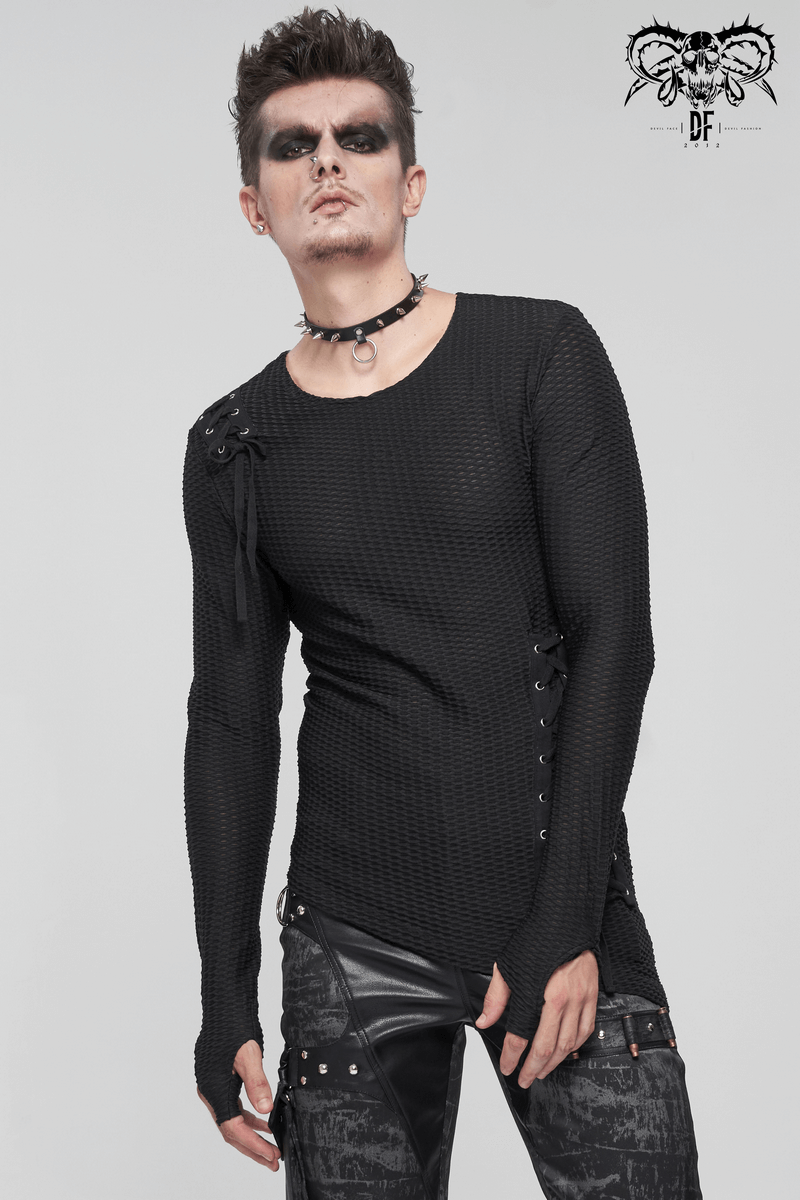 Men's Gothic punk black long sleeve top with lace-up details, perfect for adding edge to your wardrobe.