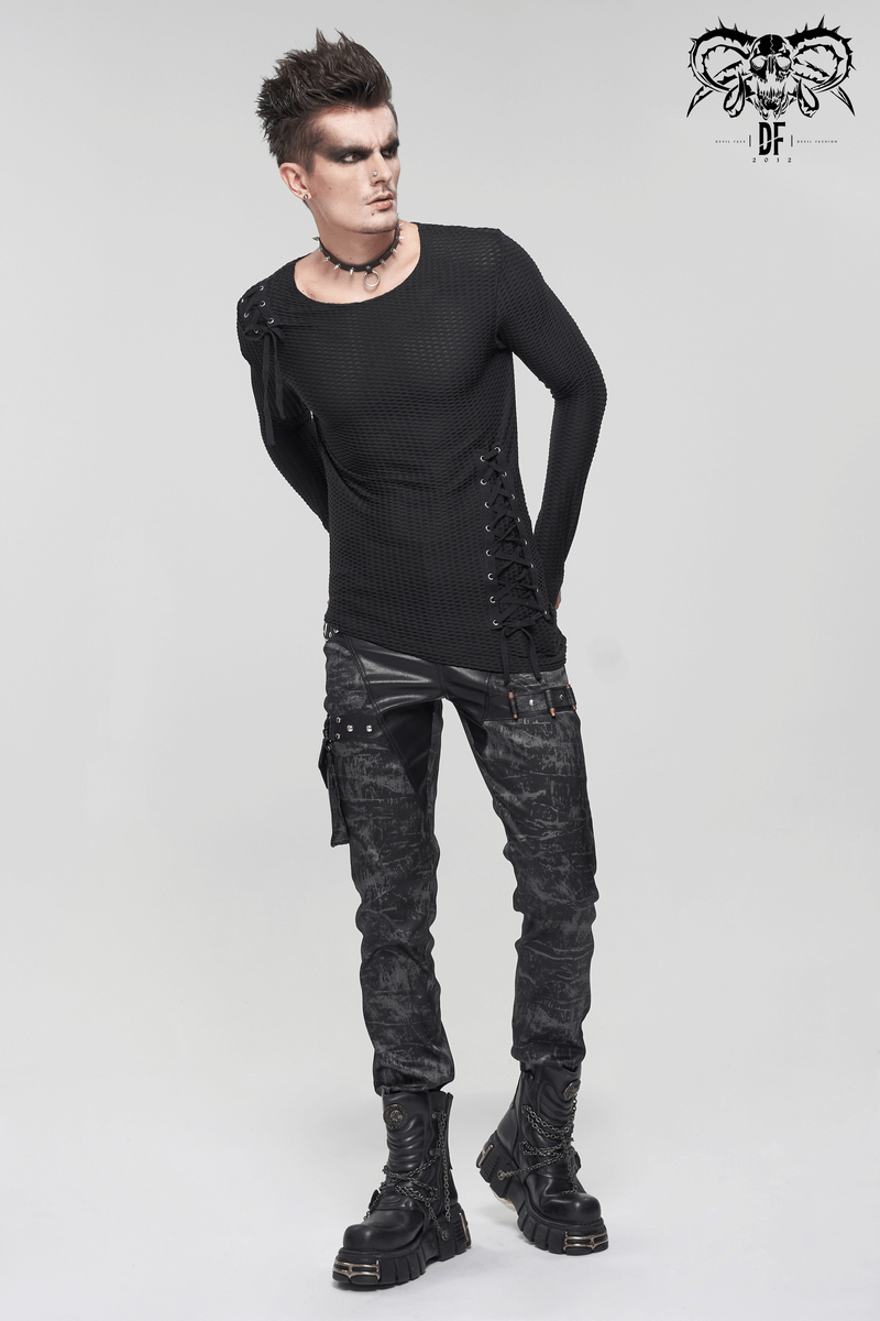 Men's gothic punk black sweatshirt with lace-up detail and stylish leather pants look.