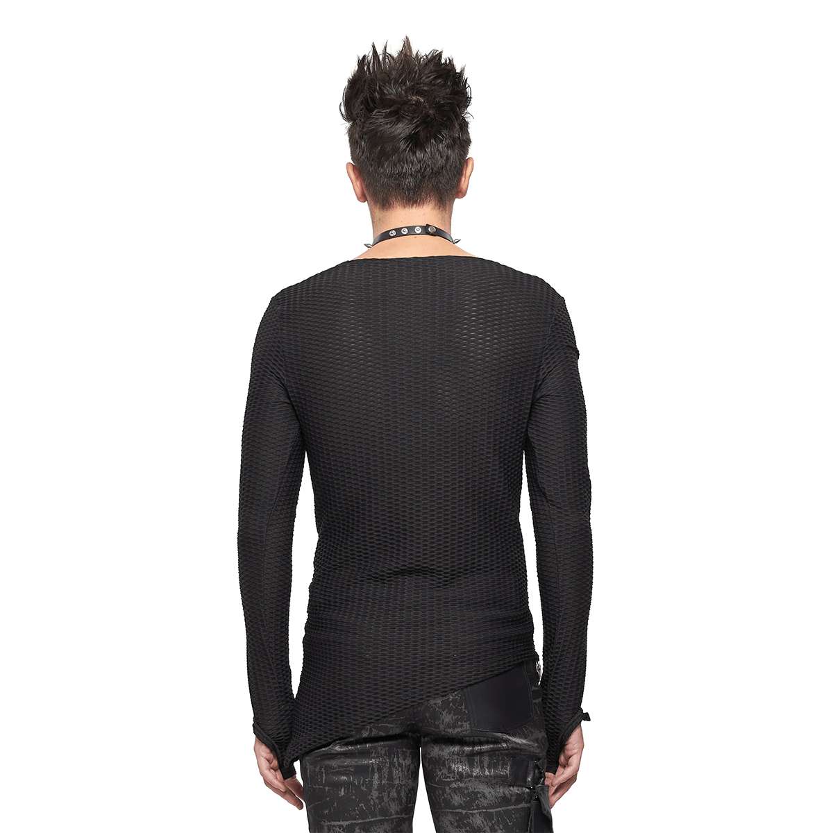 Back view of a men's black mesh long sleeve top, perfect for punk fashion enthusiasts.