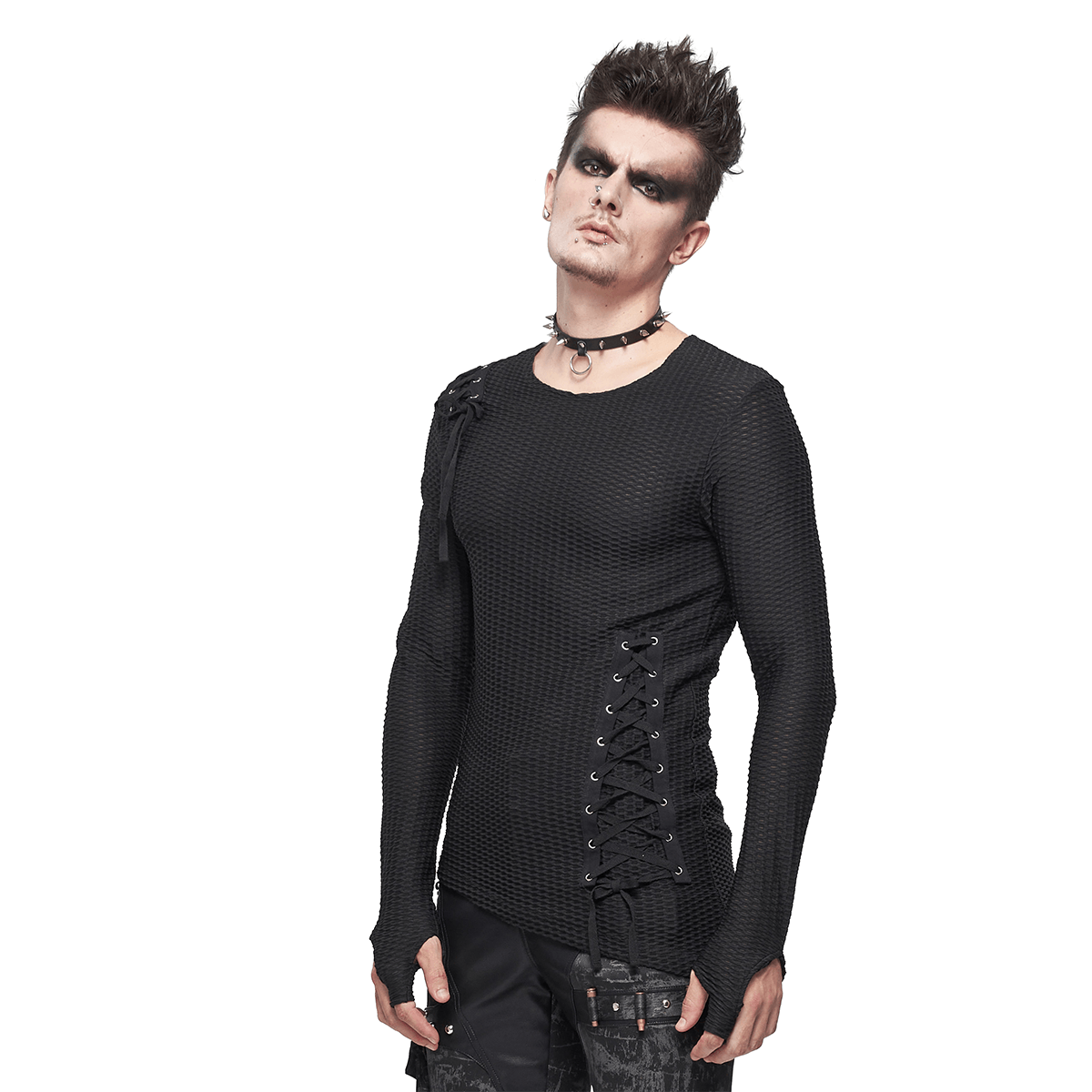 Gothic Punk Asymmetric Sweatshirt with Lace Up / Male Mesh Long Sleeve Black Top - HARD'N'HEAVY