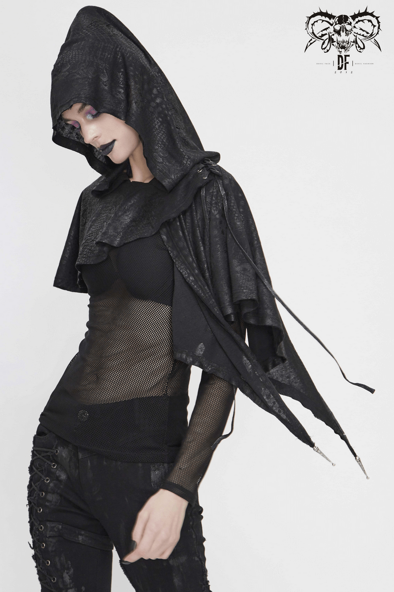 Gothic Punk Asymmetrical Hooded Cape / Women's Black Short Cape With Lace-up - HARD'N'HEAVY