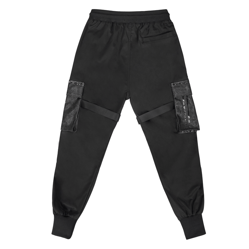Gothic punk jogger pants with big pockets and elastic waistband, stylish black trousers for men.
