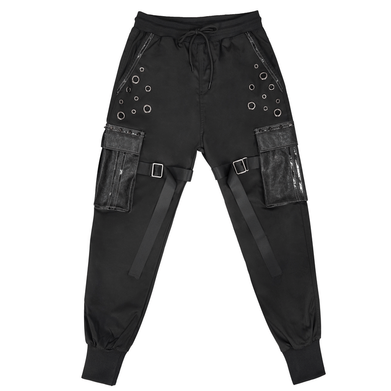 Gothic punk black jogger pants with big pockets and grommet details for men, featuring an elastic waistband.