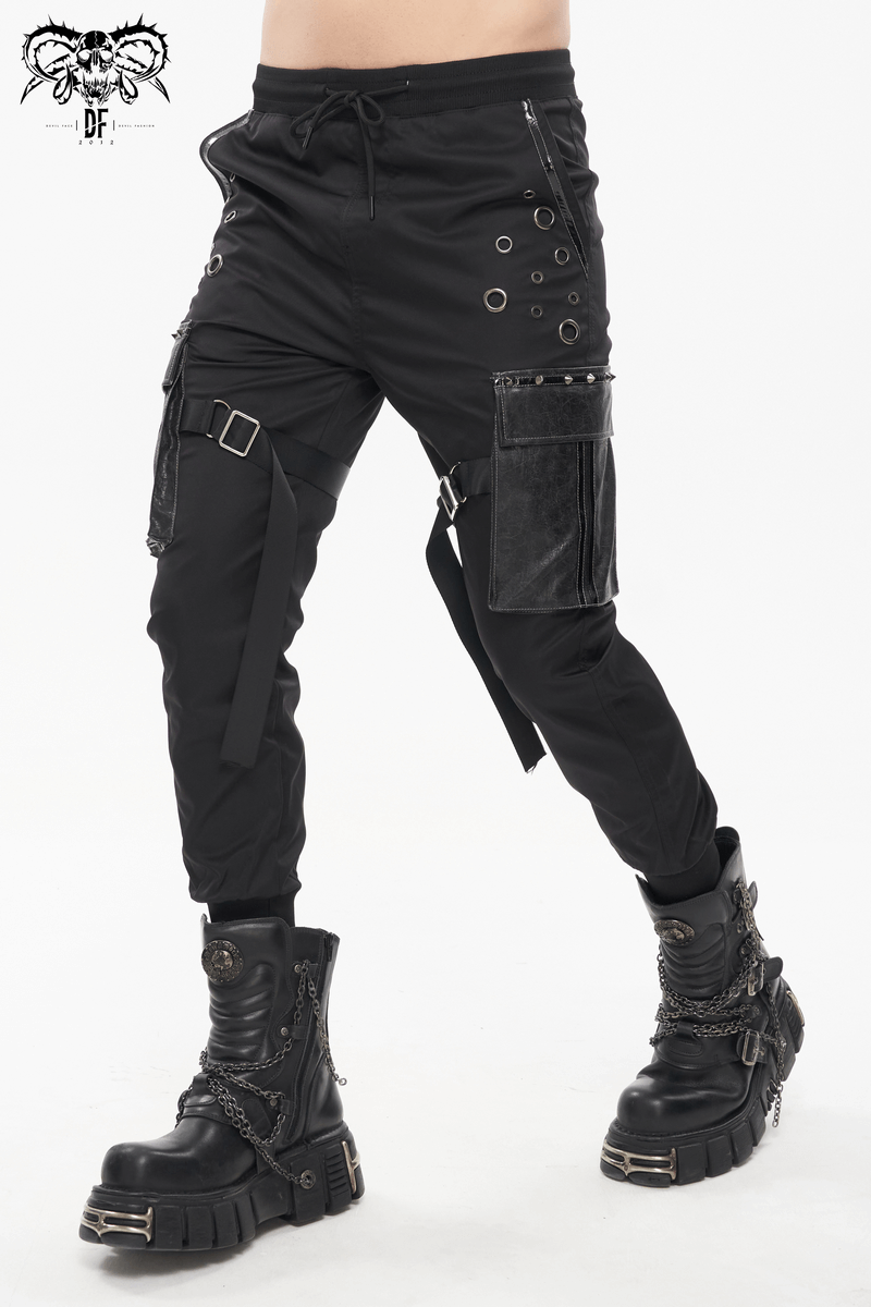 Gothic punk jogger pants for men, featuring big pockets and grommets, paired with edgy black combat boots.