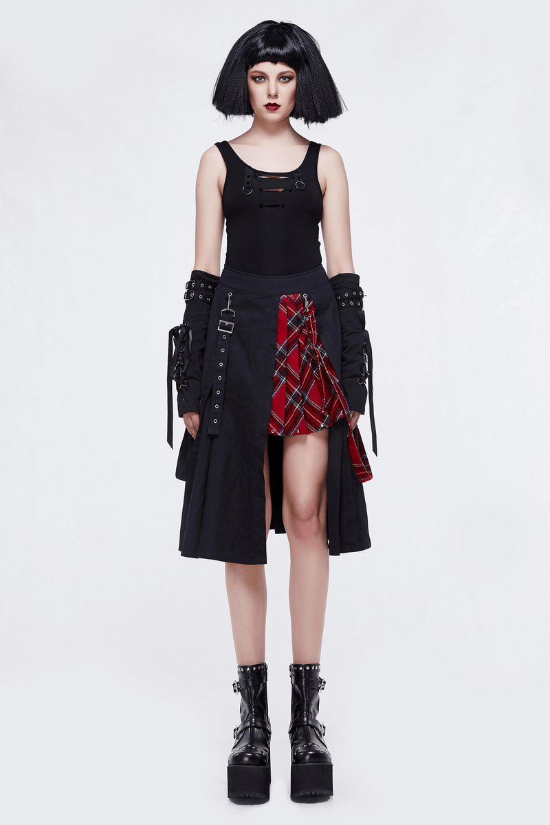 Gothic punk black asymmetrical skirt with plaid, styled for a trendy punk fashion look.