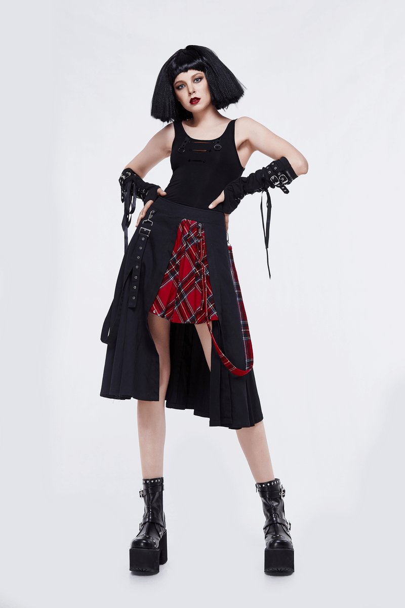Model showcasing a gothic punk black half plaid skirt, styled with edgy accessories and platform boots.