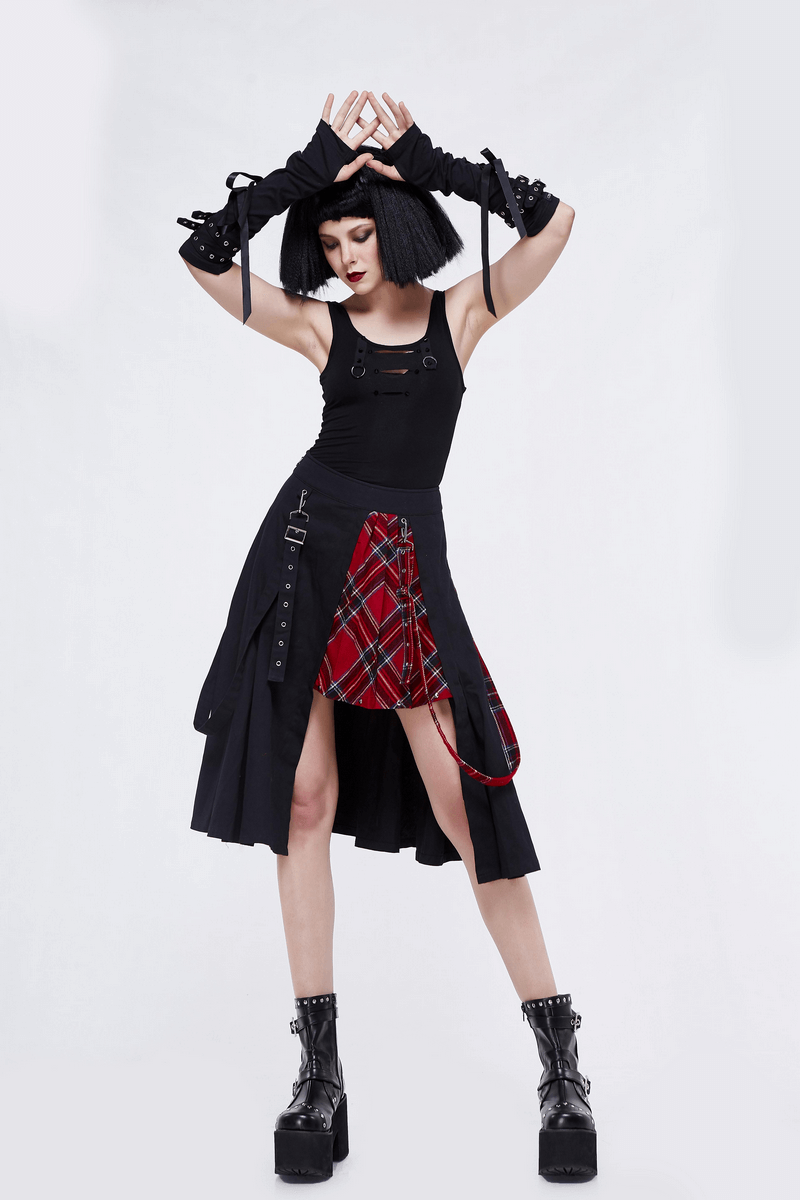Gothic Punk Black Half Plaid Skirt / Fashion Asymmetrical Short Skirts - HARD'N'HEAVY