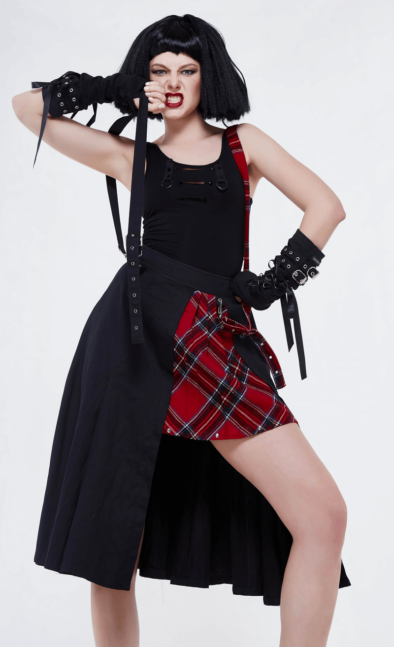 Gothic punk asymmetrical skirt with plaid and black fabric, showcasing a chic style perfect for edgy fashion lovers.