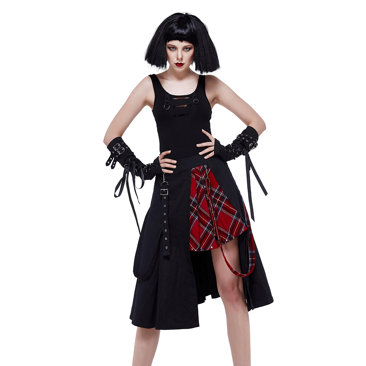 Gothic punk black half plaid skirt worn by a model, showcasing a trendy asymmetrical design with stylish accessories.